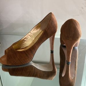 Ron White Signature Peep Toe Pump Suede Leather Tan Brown Pattern size 7.5 US